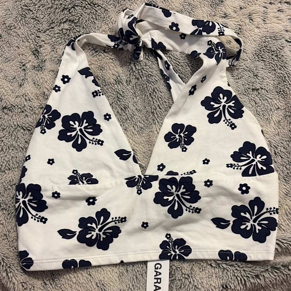 Garage White and Navy Halter Crop Top